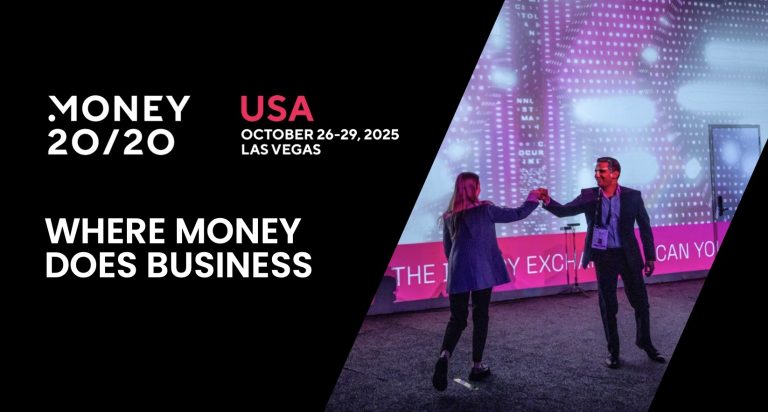 Money 20/20 USA 2025 event banner with dates October 26-29 in Las Vegas and slogan 'Where Money Does Business' alongside two people shaking hands.